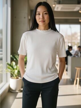 Forever 21 Cream Ribbed Short Sleeve Mock Neck Top